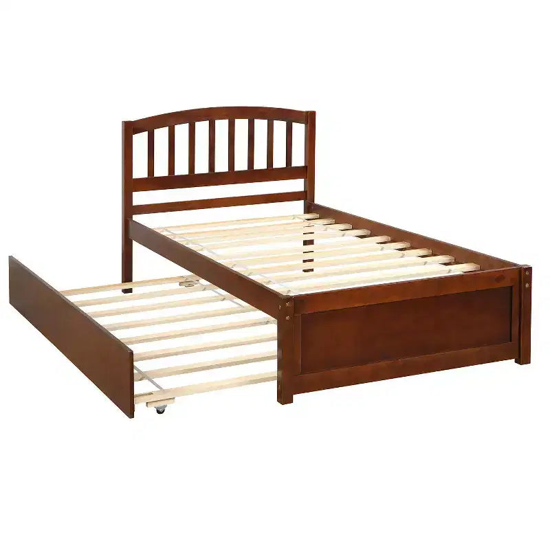 Twin Platform Bed Frame with Roll-Out Trundle – Solid Pine Wood, Espresso