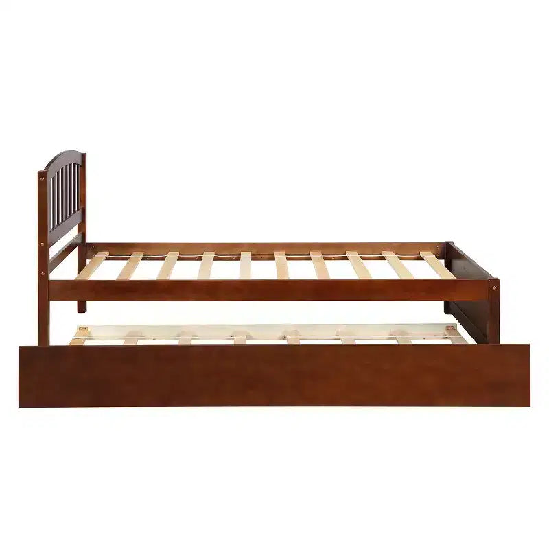 Twin Platform Bed Frame with Roll-Out Trundle – Solid Pine Wood, Espresso