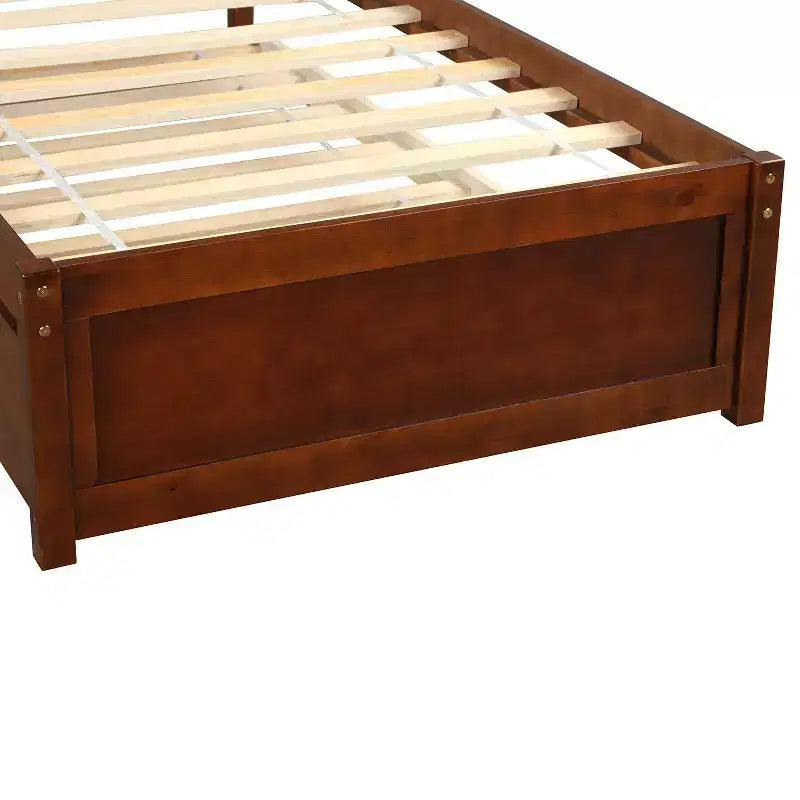 Twin Platform Bed Frame with Roll-Out Trundle – Solid Pine Wood, Espresso