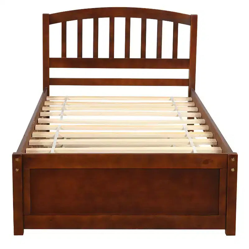 Twin Platform Bed Frame with Roll-Out Trundle – Solid Pine Wood, Espresso