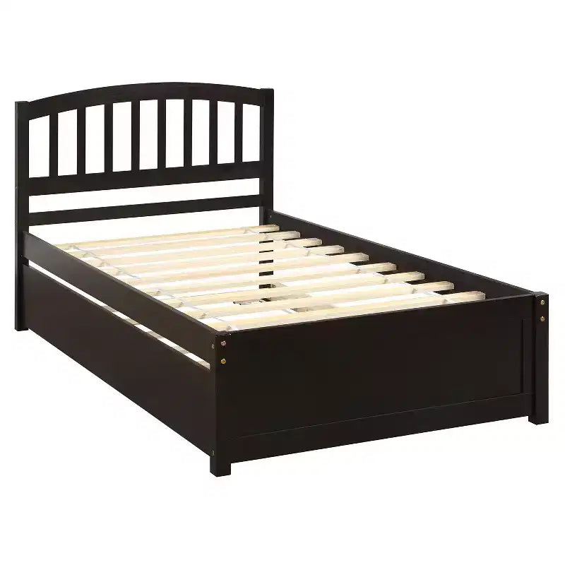Twin Platform Bed Frame with Roll-Out Trundle – Solid Pine Wood, Espresso