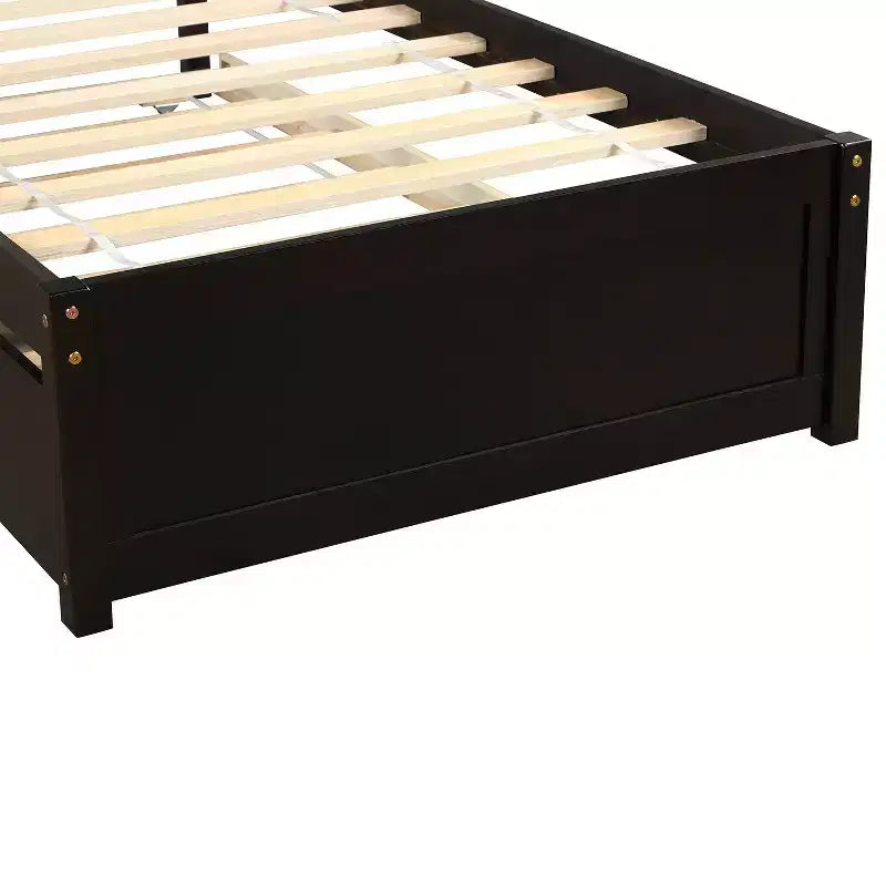 Twin Platform Bed Frame with Roll-Out Trundle – Solid Pine Wood, Espresso