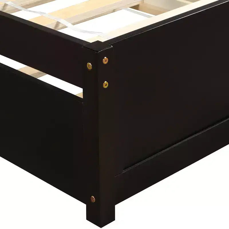 Twin Platform Bed Frame with Roll-Out Trundle – Solid Pine Wood, Espresso