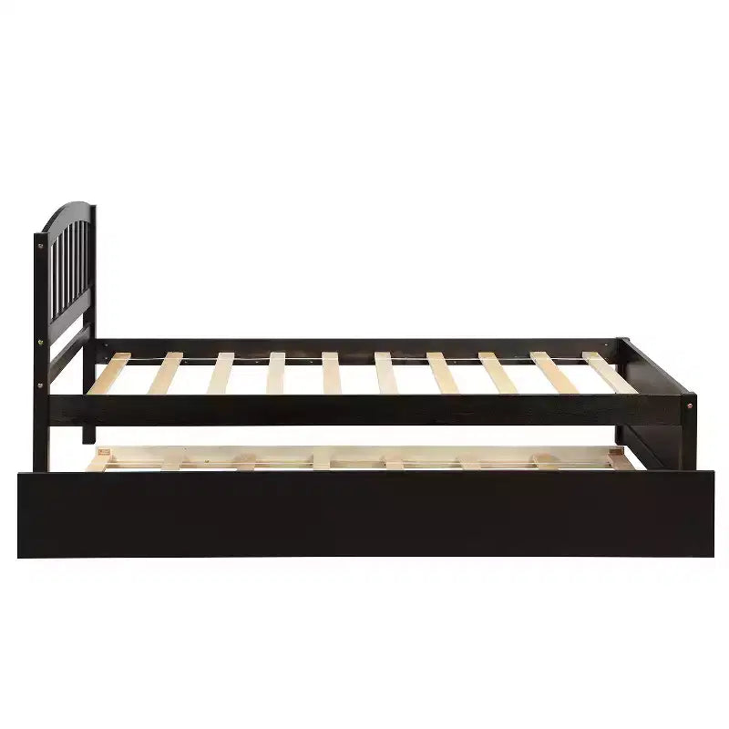 Twin Platform Bed Frame with Roll-Out Trundle – Solid Pine Wood, Espresso