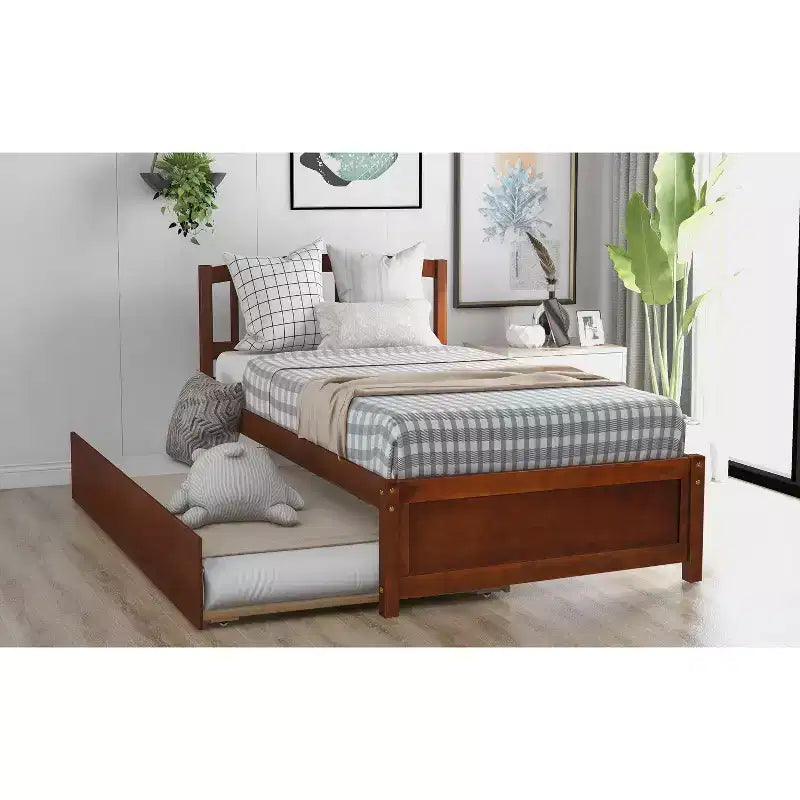 Twin Platform Bed Frame with Roll-Out Trundle – Solid Pine Wood, Espresso