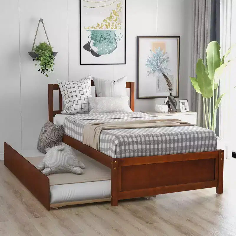 Twin Platform Bed Frame with Roll-Out Trundle – Solid Pine Wood, Espresso