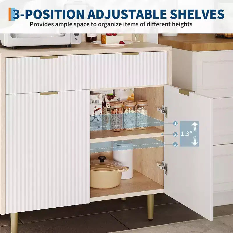 48" Fluted Sideboard Buffet Cabinet – 2 Drawers, Adjustable Shelves, Wood