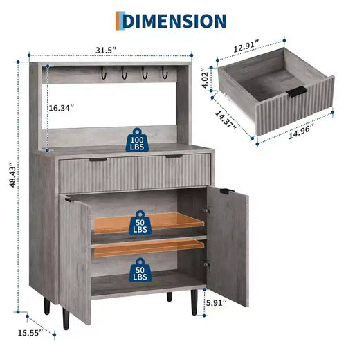 48" Fluted Sideboard Buffet Cabinet – 2 Drawers, Adjustable Shelves, Wood