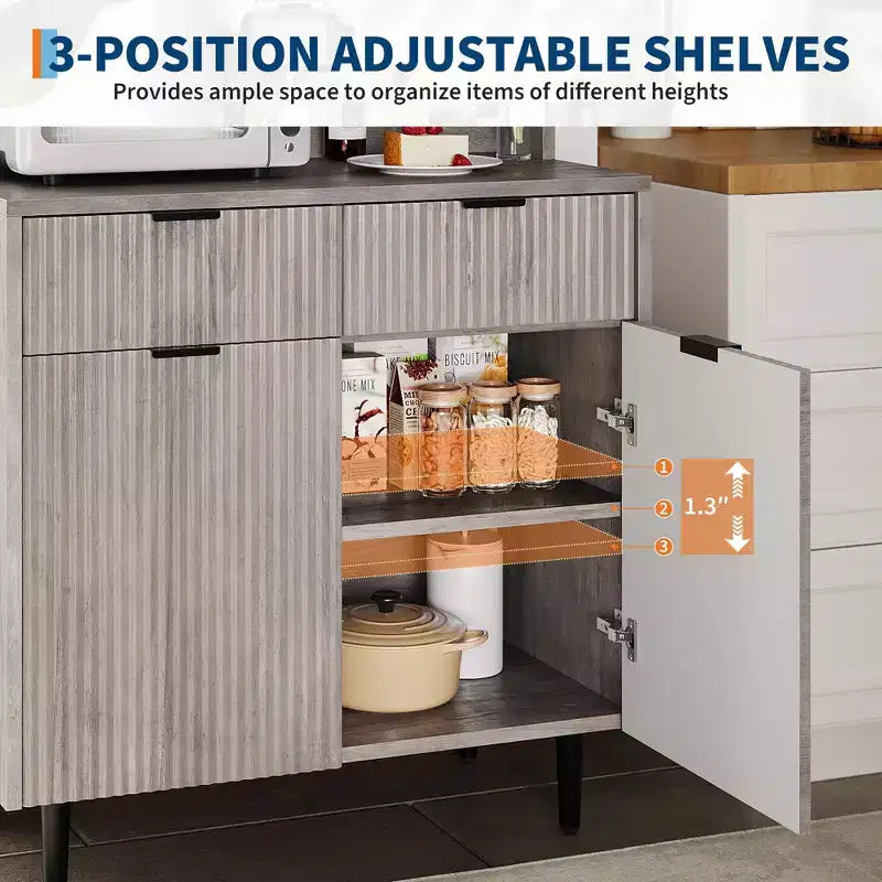 48" Fluted Sideboard Buffet Cabinet – 2 Drawers, Adjustable Shelves, Wood