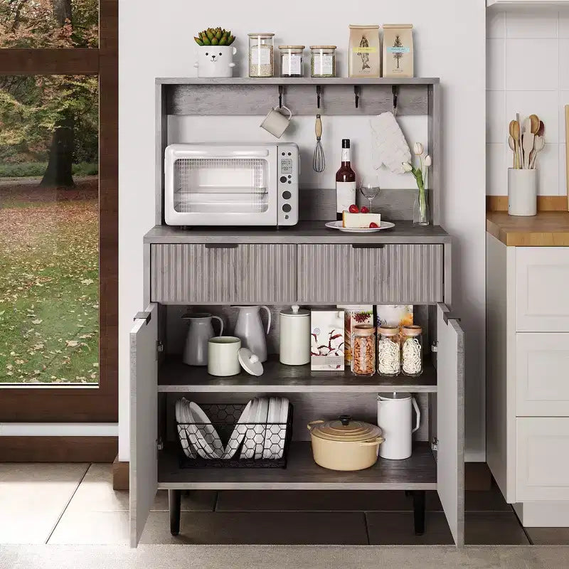 48" Fluted Sideboard Buffet Cabinet – 2 Drawers, Adjustable Shelves, Wood