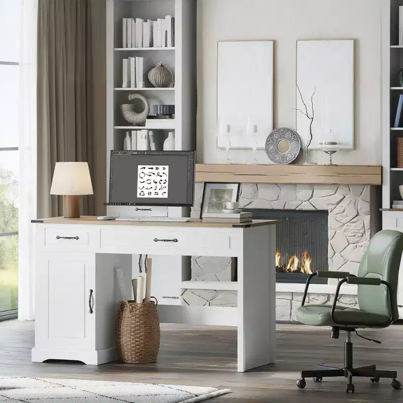 47" Farmhouse Executive Desk with Drawers & Storage Cabinet – Antique White
