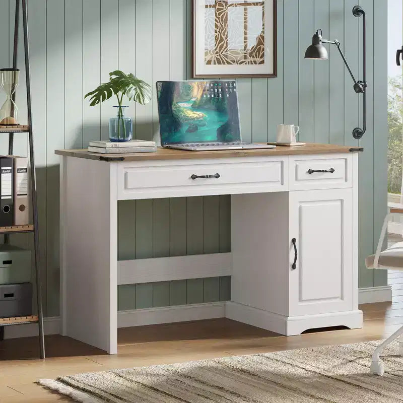 47" Farmhouse Executive Desk with Drawers & Storage Cabinet – Antique White