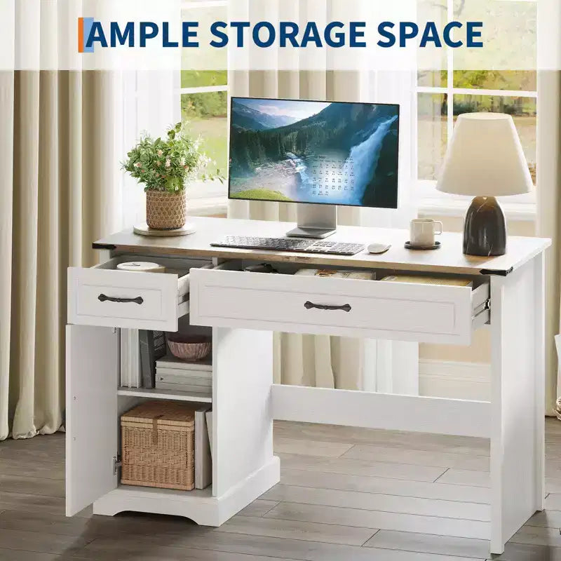47" Farmhouse Executive Desk with Drawers & Storage Cabinet – Antique White