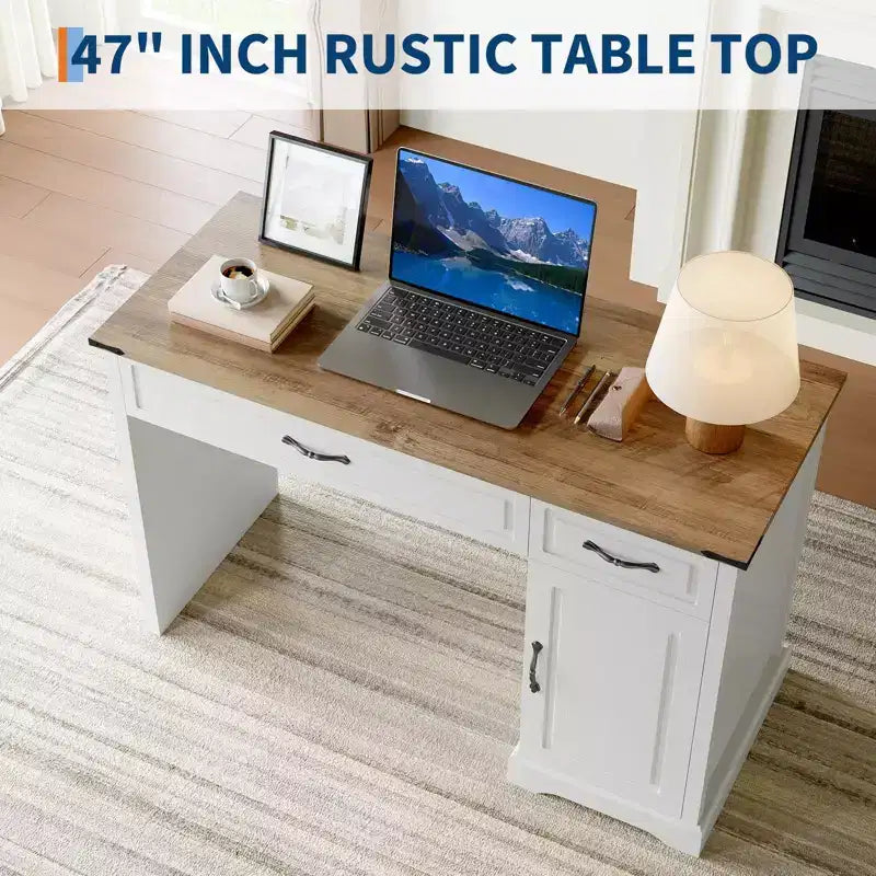 47" Farmhouse Executive Desk with Drawers & Storage Cabinet – Antique White