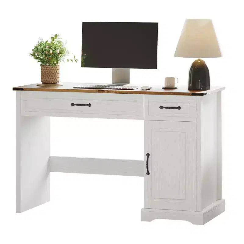 47" Farmhouse Executive Desk with Drawers & Storage Cabinet – Antique White