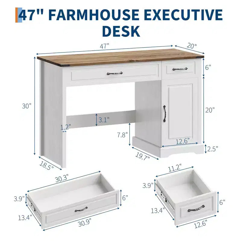 47" Farmhouse Executive Desk with Drawers & Storage Cabinet – Antique White