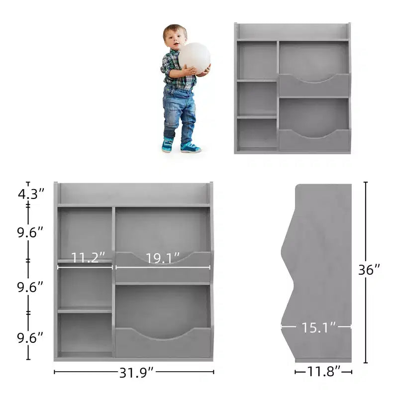 Grey/White/Retro Color 3-Tier 5-Cube Kids Bookshelf & Toy Storage for 1 Child