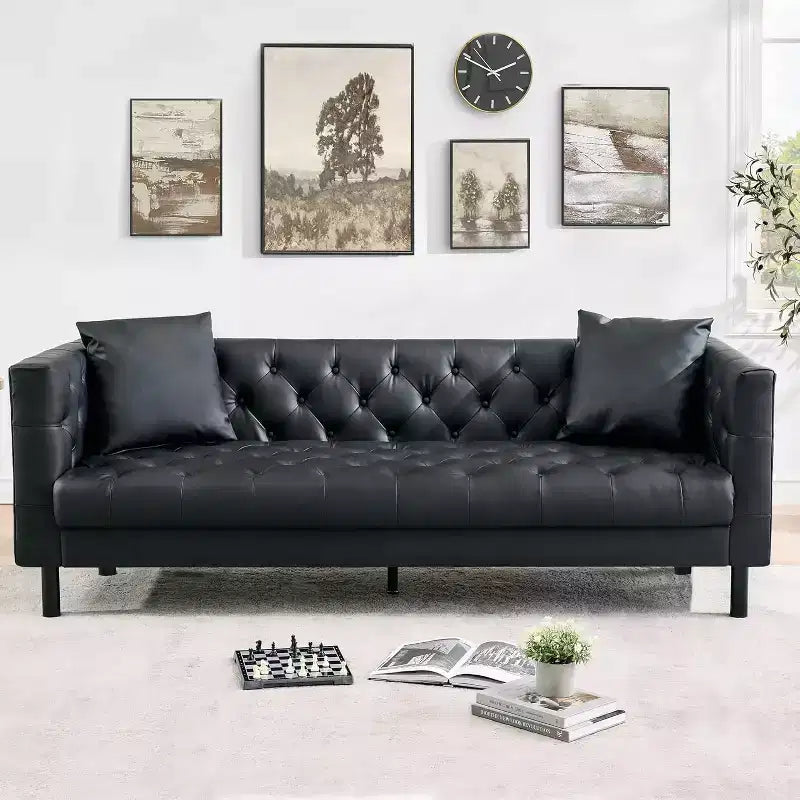 78" Chesterfield PU Leather 3-Seater Sofa – Button Tufted, Deep Seat, 2 Pillows