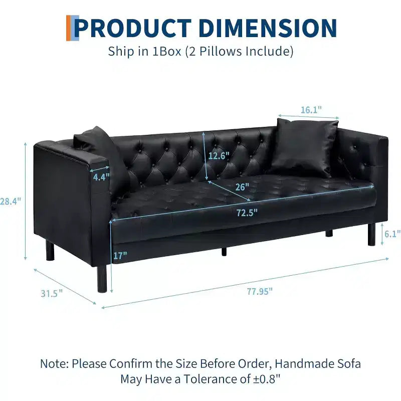 78" Chesterfield PU Leather 3-Seater Sofa – Button Tufted, Deep Seat, 2 Pillows