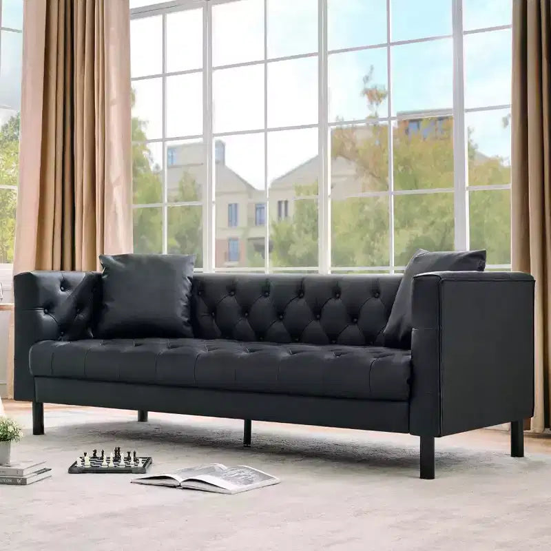 78" Chesterfield PU Leather 3-Seater Sofa – Button Tufted, Deep Seat, 2 Pillows