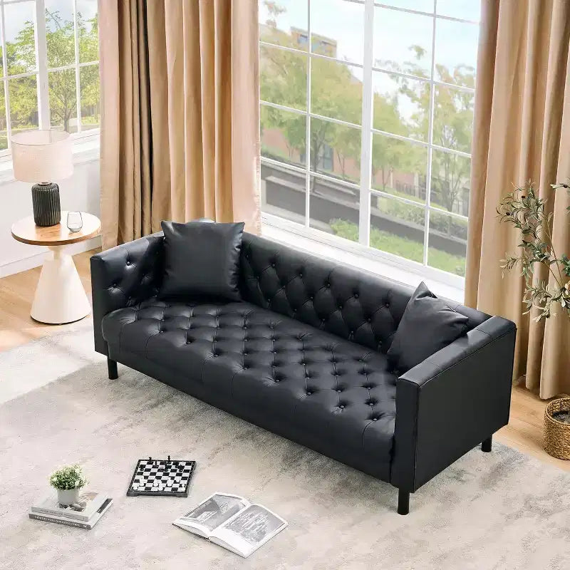 78" Chesterfield PU Leather 3-Seater Sofa – Button Tufted, Deep Seat, 2 Pillows
