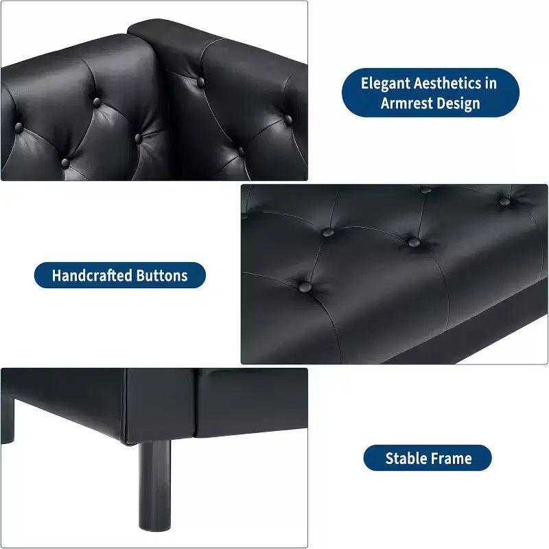 78" Chesterfield PU Leather 3-Seater Sofa – Button Tufted, Deep Seat, 2 Pillows