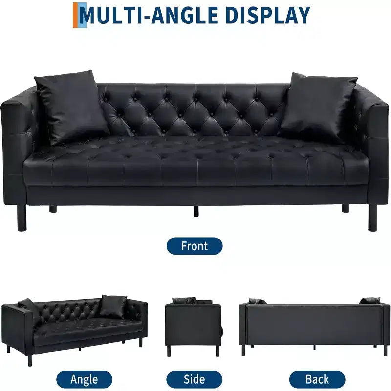 78" Chesterfield PU Leather 3-Seater Sofa – Button Tufted, Deep Seat, 2 Pillows