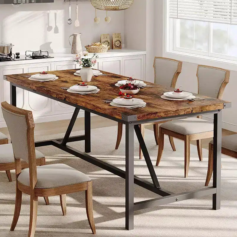 71" Industrial Rectangular Dining Table for 8 – Wood Top, Metal Frame, 350 lb Capacity