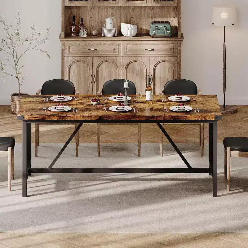 71" Industrial Rectangular Dining Table for 8 – Wood Top, Metal Frame, 350 lb Capacity