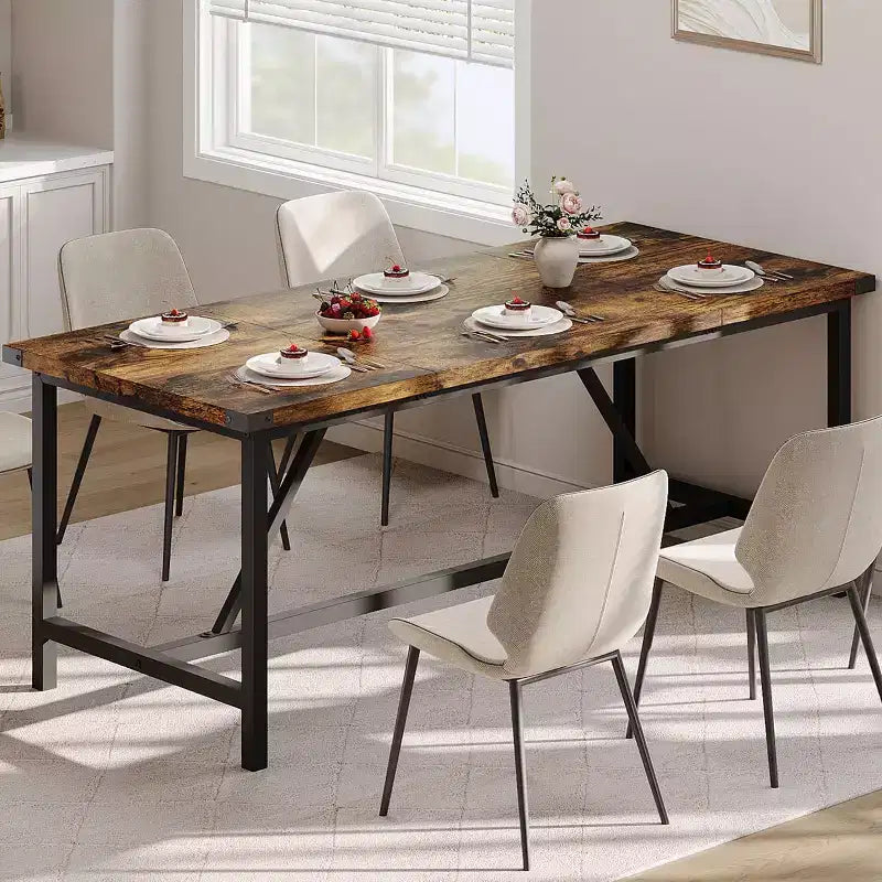 71" Industrial Rectangular Dining Table for 8 – Wood Top, Metal Frame, 350 lb Capacity