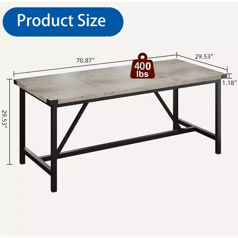 71" Industrial Rectangular Dining Table for 8 – Wood Top, Metal Frame, 350 lb Capacity
