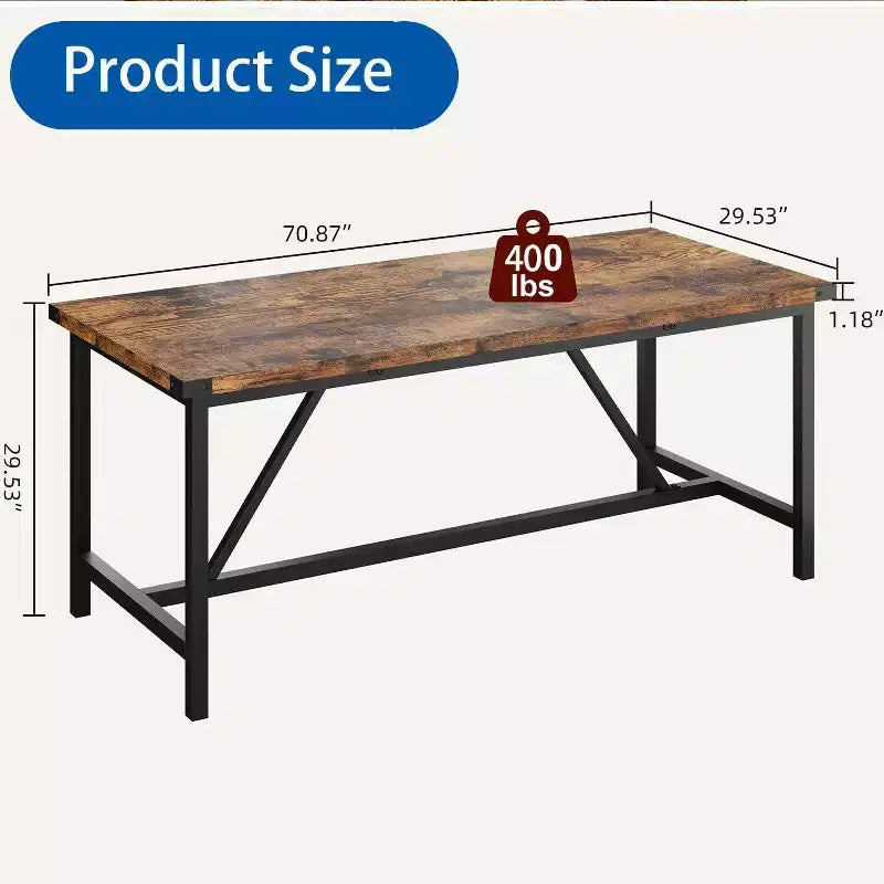 71" Industrial Rectangular Dining Table for 8 – Wood Top, Metal Frame, 350 lb Capacity