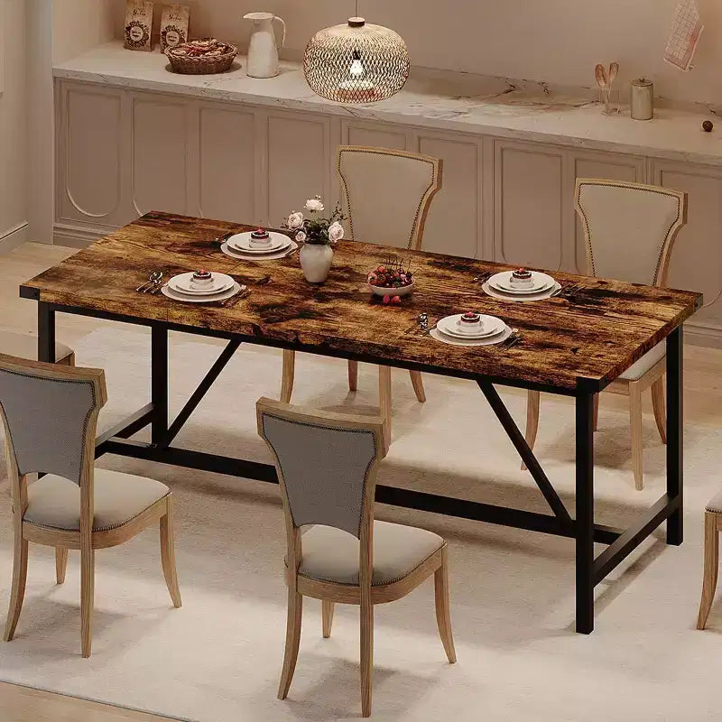 71" Industrial Rectangular Dining Table for 8 – Wood Top, Metal Frame, 350 lb Capacity