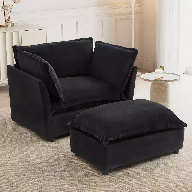 Chenille Armchair with Movable Ottoman, Wide Seat, Curved Armrests & Soft Pillows