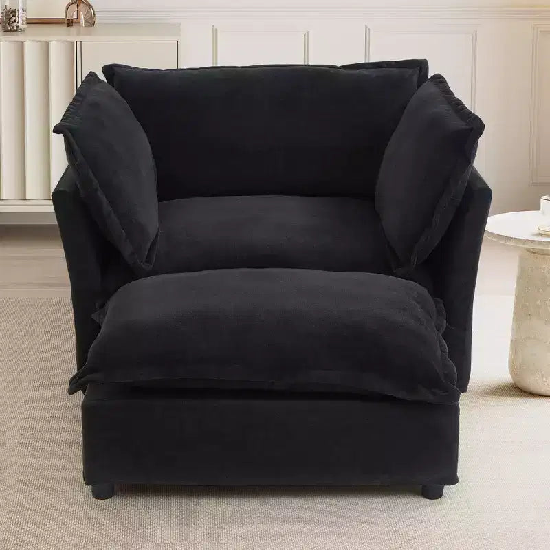 Chenille Armchair with Movable Ottoman, Wide Seat, Curved Armrests & Soft Pillows