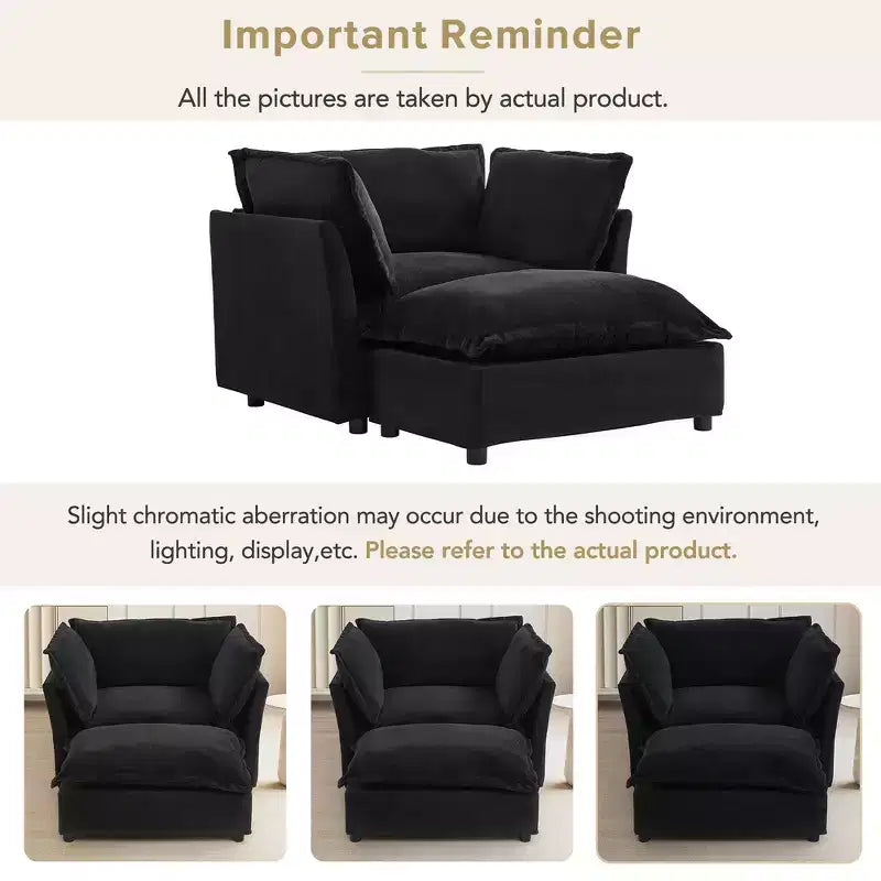 Chenille Armchair with Movable Ottoman, Wide Seat, Curved Armrests & Soft Pillows