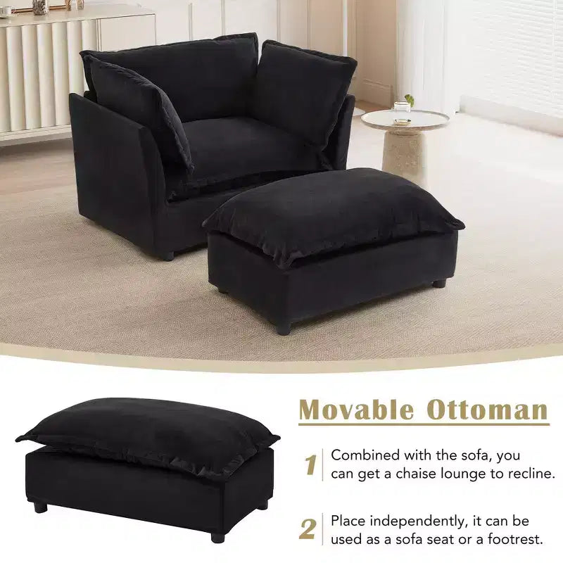 Chenille Armchair with Movable Ottoman, Wide Seat, Curved Armrests & Soft Pillows