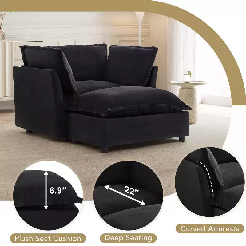 Chenille Armchair with Movable Ottoman, Wide Seat, Curved Armrests & Soft Pillows