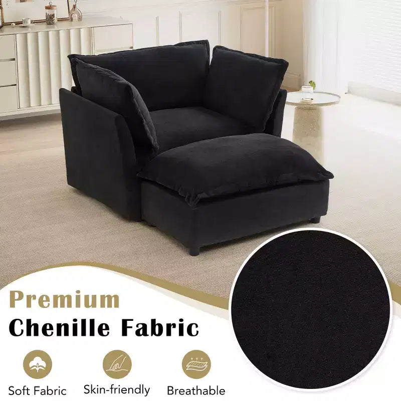 Chenille Armchair with Movable Ottoman, Wide Seat, Curved Armrests & Soft Pillows