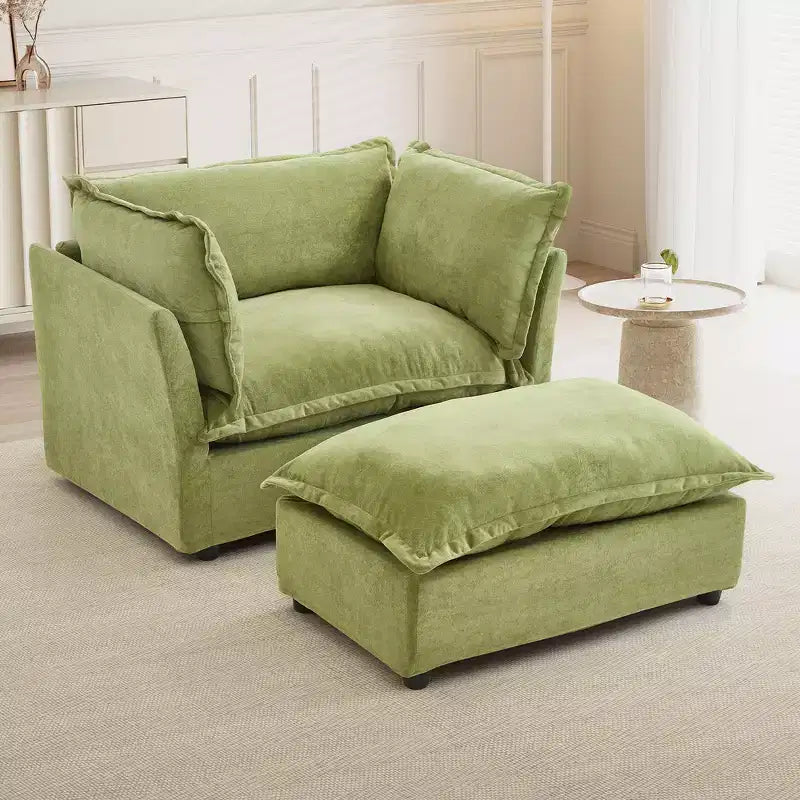 Chenille Armchair with Movable Ottoman, Wide Seat, Curved Armrests & Soft Pillows