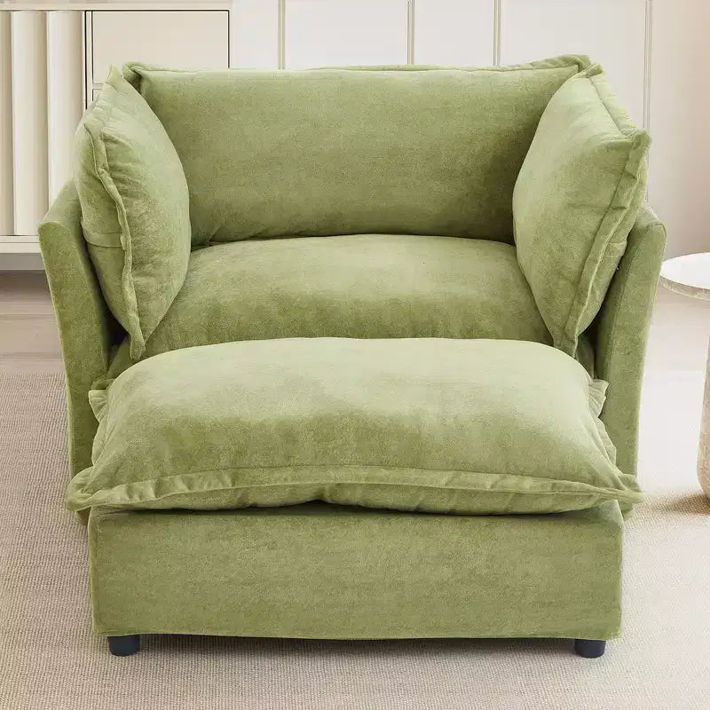 Chenille Armchair with Movable Ottoman, Wide Seat, Curved Armrests & Soft Pillows