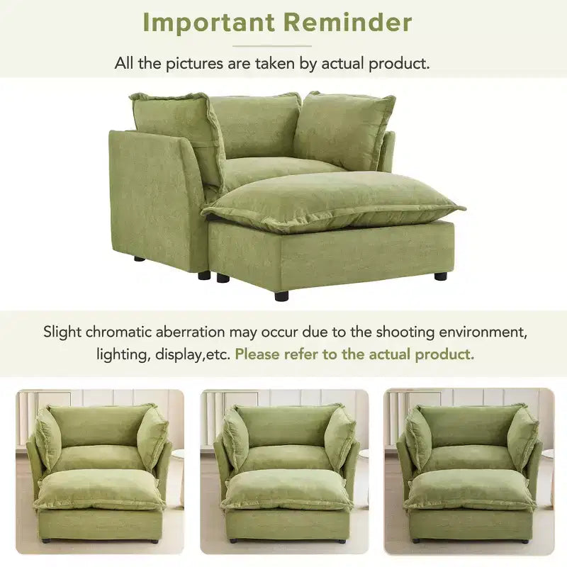Chenille Armchair with Movable Ottoman, Wide Seat, Curved Armrests & Soft Pillows