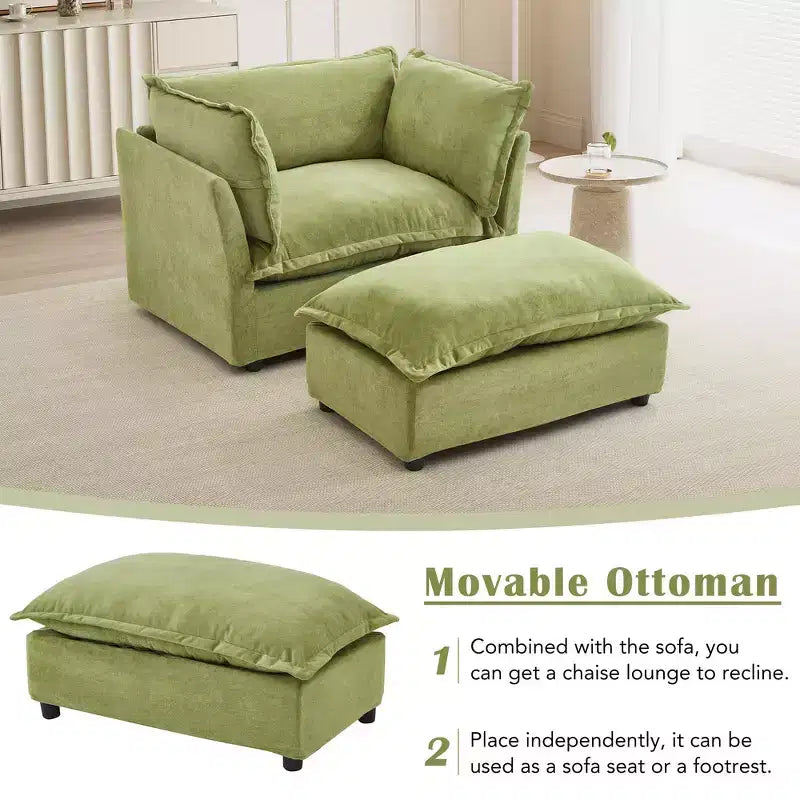 Chenille Armchair with Movable Ottoman, Wide Seat, Curved Armrests & Soft Pillows