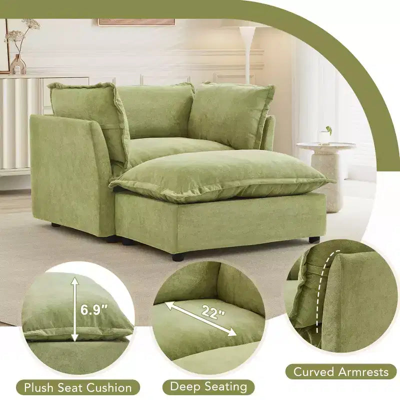 Chenille Armchair with Movable Ottoman, Wide Seat, Curved Armrests & Soft Pillows