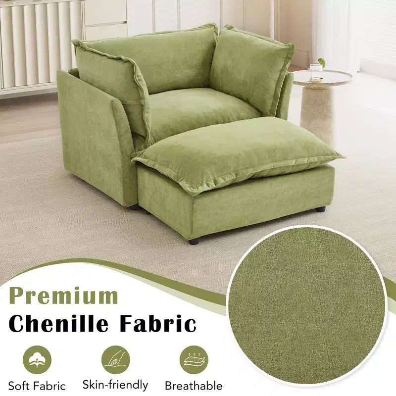 Chenille Armchair with Movable Ottoman, Wide Seat, Curved Armrests & Soft Pillows