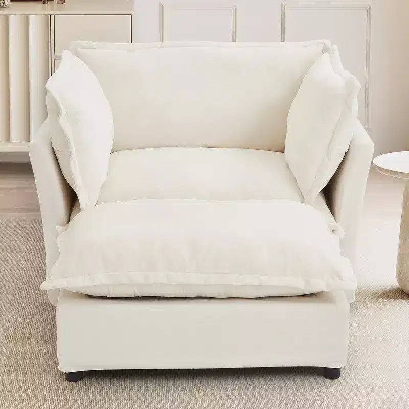 Chenille Armchair with Movable Ottoman, Wide Seat, Curved Armrests & Soft Pillows