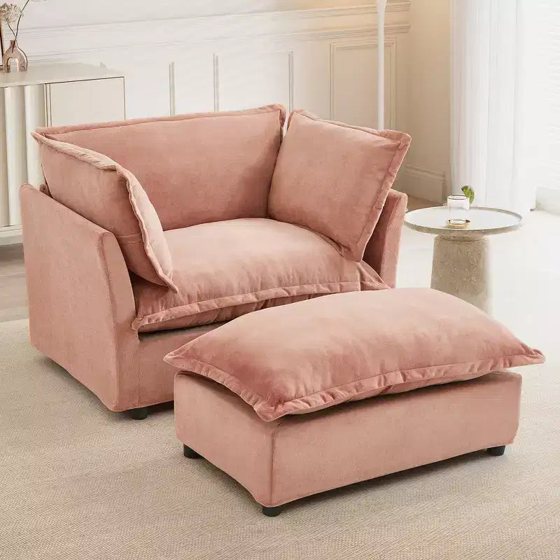 Chenille Armchair with Movable Ottoman, Wide Seat, Curved Armrests & Soft Pillows