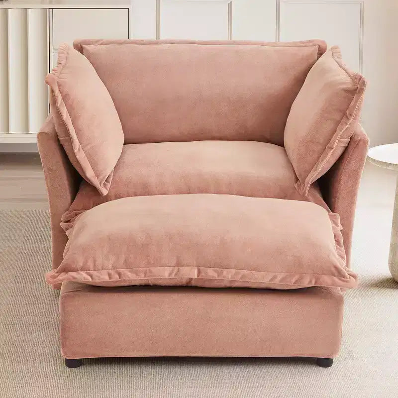 Chenille Armchair with Movable Ottoman, Wide Seat, Curved Armrests & Soft Pillows