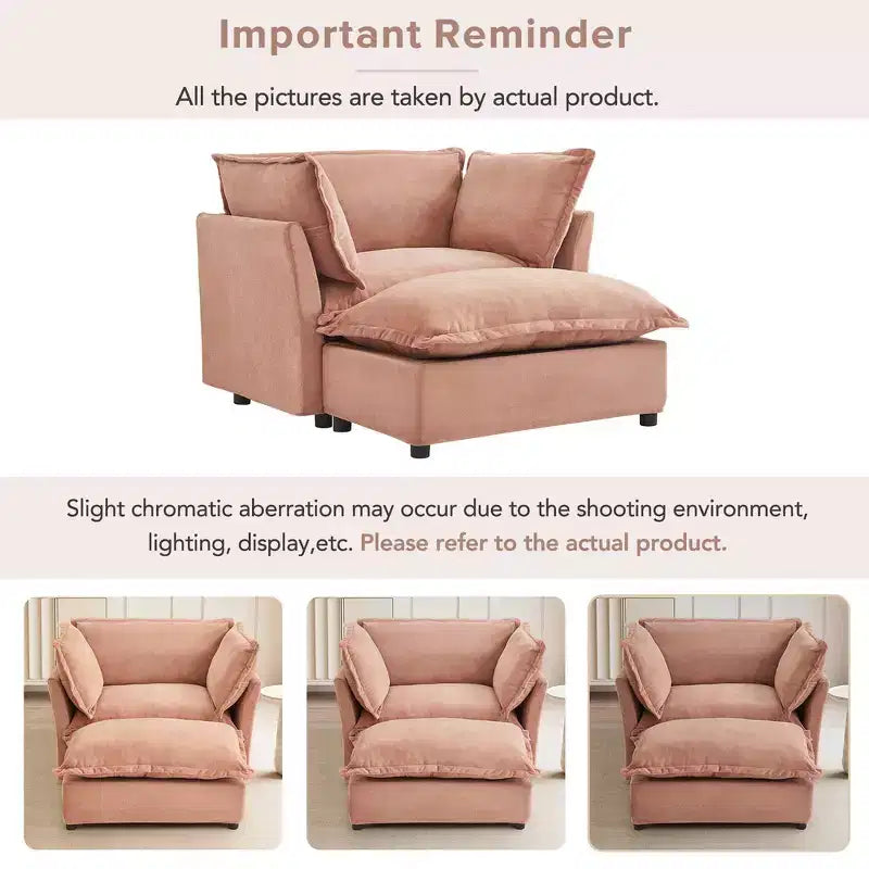 Chenille Armchair with Movable Ottoman, Wide Seat, Curved Armrests & Soft Pillows