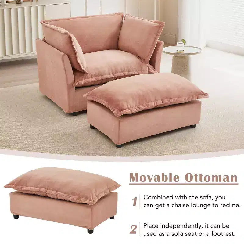 Chenille Armchair with Movable Ottoman, Wide Seat, Curved Armrests & Soft Pillows